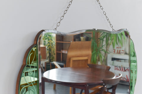 Vintage Green Art Deco Floral Cut Glass Frameless Mirror