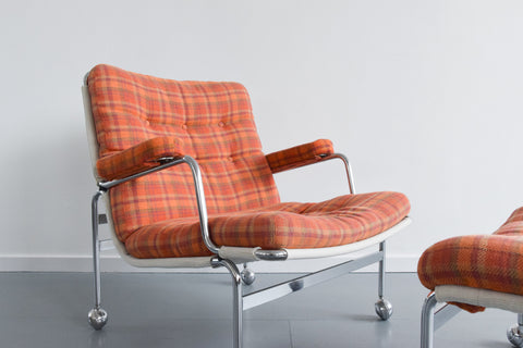 Vintage Swedish Orange Checked 'Karin' Arm Chair and Foot Stool Set by Bruno Mathsson for DUX