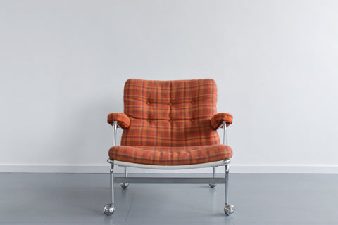 Vintage Swedish Orange Checked 'Karin' Arm Chair and Foot Stool Set by Bruno Mathsson for DUX
