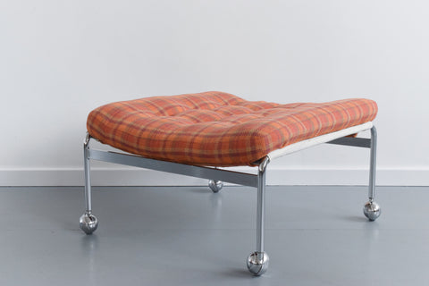 Vintage Swedish Orange Checked 'Karin' Arm Chair and Foot Stool Set by Bruno Mathsson for DUX