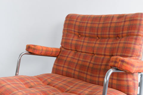 Vintage Swedish Orange Checked 'Karin' Arm Chair and Foot Stool Set by Bruno Mathsson for DUX