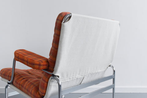 Vintage Swedish Orange Checked 'Karin' Arm Chair and Foot Stool Set by Bruno Mathsson for DUX