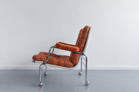 Vintage Swedish Orange Checked 'Karin' Arm Chair and Foot Stool Set by Bruno Mathsson for DUX
