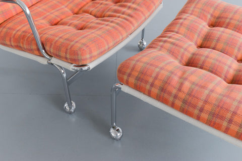 Vintage Swedish Orange Checked 'Karin' Arm Chair and Foot Stool Set by Bruno Mathsson for DUX