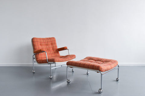 Vintage Swedish Orange Checked 'Karin' Arm Chair and Foot Stool Set by Bruno Mathsson for DUX
