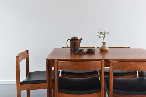 Rare Vintage Extending Dining Table and Six Chairs with Black Vinyl Upholstery by Ron Carter for Gordon Russell Farncombe Range