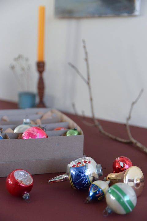 Vintage Glass Christmas Tree Baubles / Ornaments Set of 12 Boxed Assorted