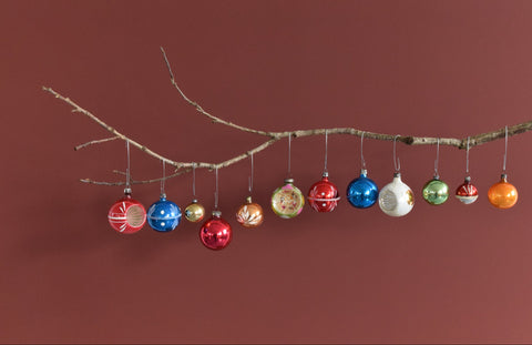 Vintage Glass Christmas Tree Baubles / Ornaments Set of 12 Boxed Assorted