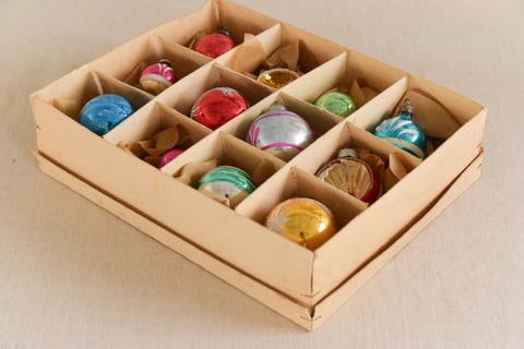 Vintage Glass Christmas Tree Baubles / Ornaments Set of 12 Boxed Assorted