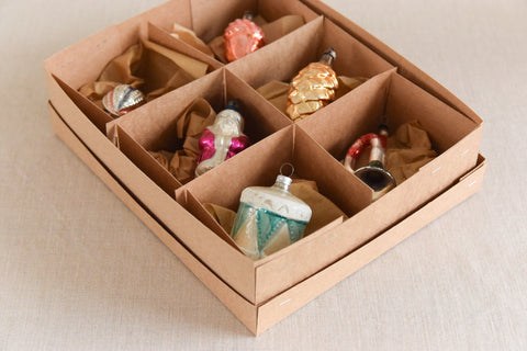 Vintage Glass Christmas Tree Baubles / Ornaments Set of 6 Novelty Boxed Assorted