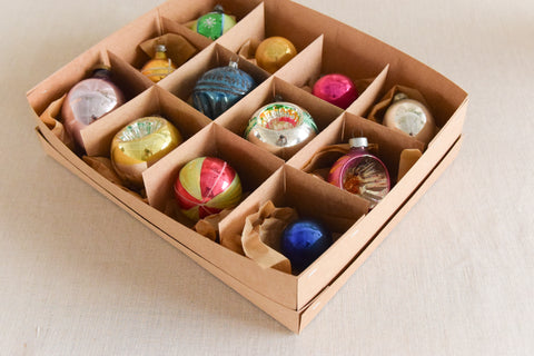 Vintage Glass Christmas Tree Baubles / Ornaments Set of 12 Boxed Assorted