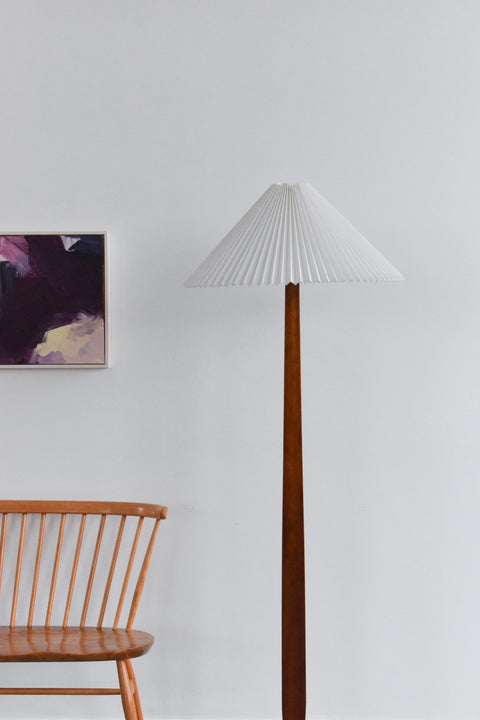 Vintage 1940s Wooden Floor Lamp with New Pleated White Shade