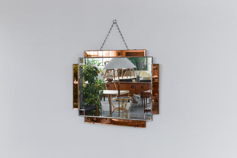 Vintage 1950s Art Deco Style Bevelled Mirror with Peach Glass
