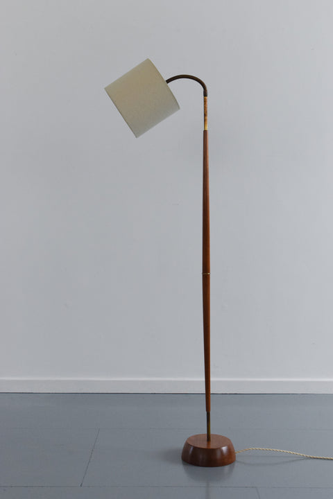 Vintage 1950s Teak and Brass Gooseneck Standing Floor Lamp