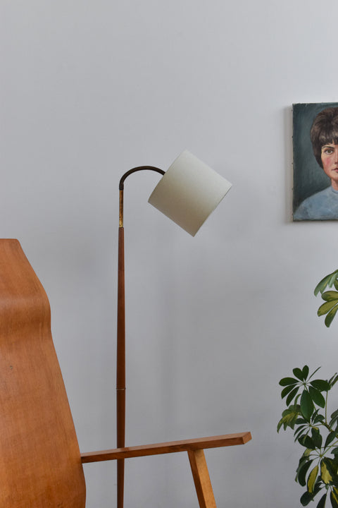 Vintage 1950s Teak and Brass Gooseneck Standing Floor Lamp