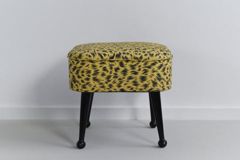 Vintage 1950s Yellow Leopard Print Footstool / Sewing Box by Sherborne
