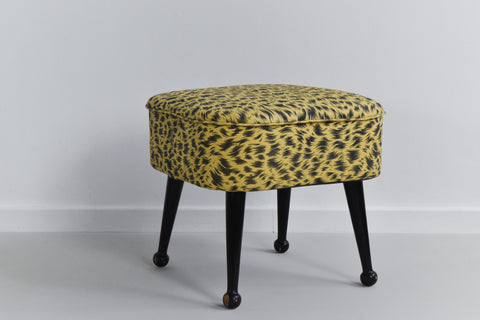 Vintage 1950s Yellow Leopard Print Footstool / Sewing Box by Sherborne