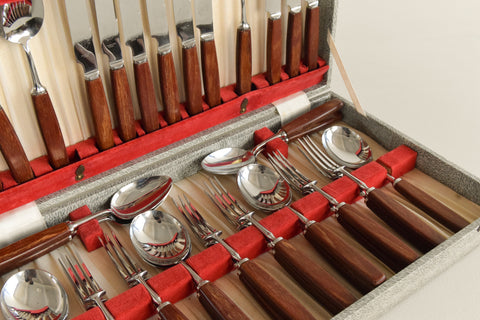 Vintage 1960s 36 Piece Boxed Gloss Wood Cutlery Set by 'All Cut'