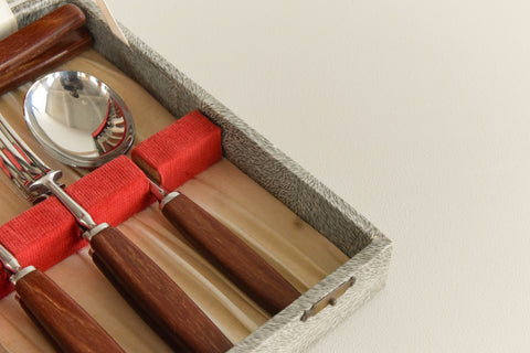 Vintage 1960s 36 Piece Boxed Gloss Wood Cutlery Set by 'All Cut'