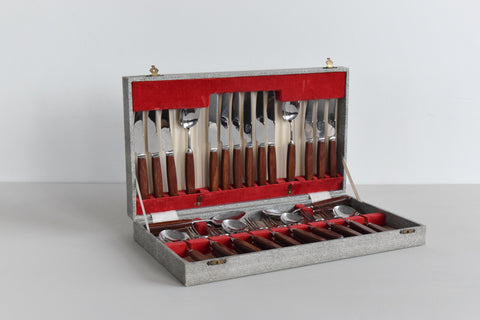 Vintage 1960s 36 Piece Boxed Gloss Wood Cutlery Set by 'All Cut'