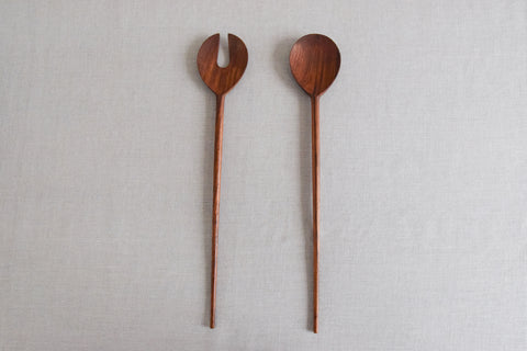 Vintage 1960s Danish Wooden Salad Serving Spoon and Fork Set