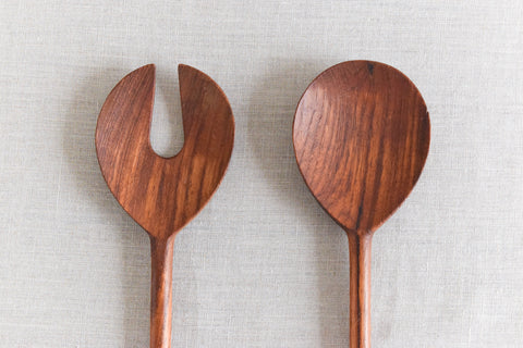 Vintage 1960s Danish Wooden Salad Serving Spoon and Fork Set