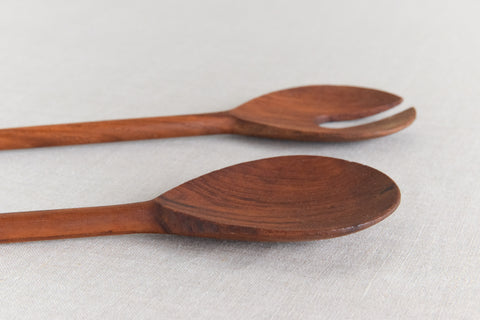 Vintage 1960s Danish Wooden Salad Serving Spoon and Fork Set