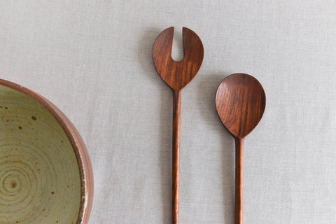 Vintage 1960s Danish Wooden Salad Serving Spoon and Fork Set
