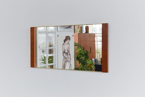 Vintage 1960s Long Wall Mirror with Teak Panels and Gold Trim