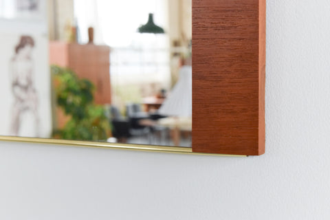 Vintage 1960s Long Wall Mirror with Teak Panels and Gold Trim