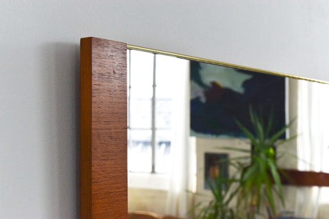 Vintage 1960s Long Wall Mirror with Teak Panels and Gold Trim