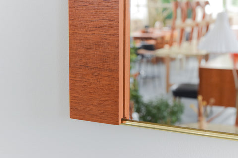 Vintage 1960s Long Wall Mirror with Teak Panels and Gold Trim