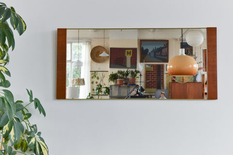 Vintage 1960s Long Wall Mirror with Teak Panels and Gold Trim