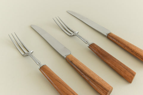 Vintage 1960s Four Piece Walnut & Stainless Steel Cutlery Pair by Mills Moore