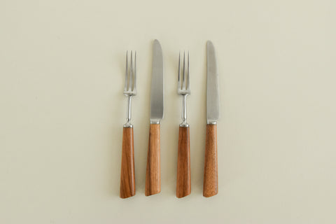 Vintage 1960s Four Piece Walnut & Stainless Steel Cutlery Pair by Mills Moore