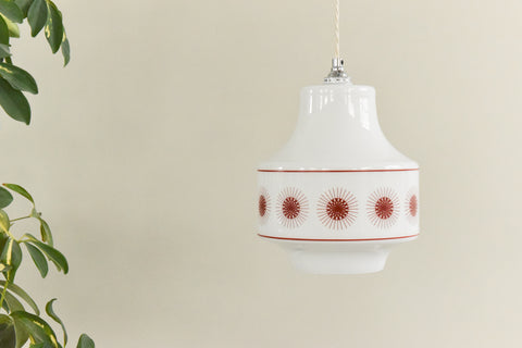 Vintage 1960s White and Burgundy Atomic Glass Pendant Light Shade