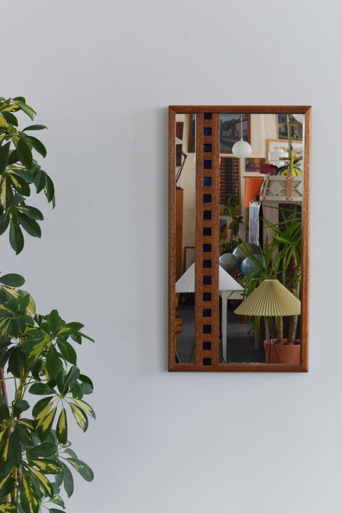 Vintage 1970s Wooden Framed Blue Stained Glass Geometric Wall Mirror