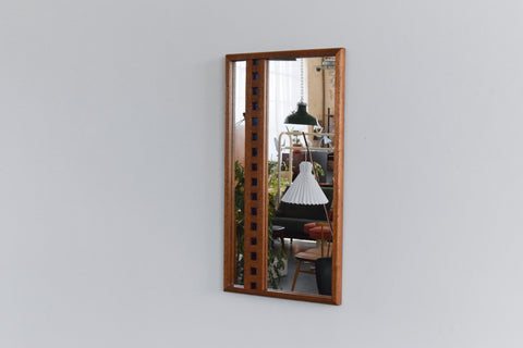 Vintage 1970s Wooden Framed Blue Stained Glass Geometric Wall Mirror