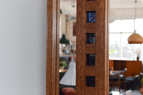 Vintage 1970s Wooden Framed Blue Stained Glass Geometric Wall Mirror