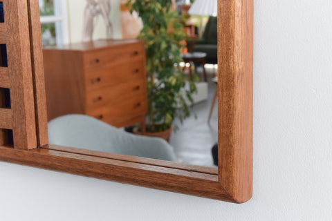 Vintage 1970s Wooden Framed Blue Stained Glass Geometric Wall Mirror