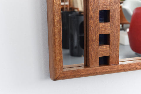 Vintage 1970s Wooden Framed Blue Stained Glass Geometric Wall Mirror