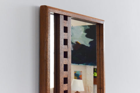 Vintage 1970s Wooden Framed Blue Stained Glass Geometric Wall Mirror