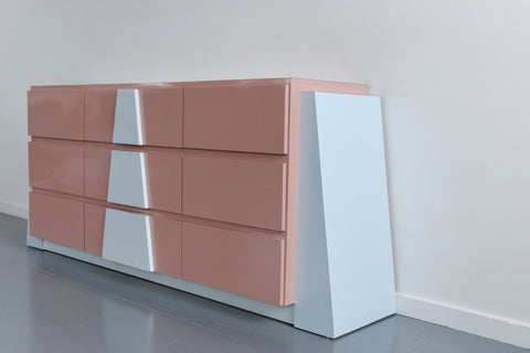 Vintage 1980s Pink and Blue Formica Sideboard / Chest of Drawers