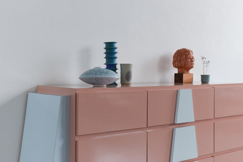 Vintage 1980s Pink and Blue Formica Sideboard / Chest of Drawers