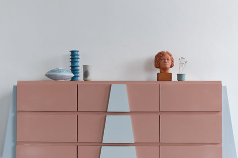 Vintage 1980s Pink and Blue Formica Sideboard / Chest of Drawers