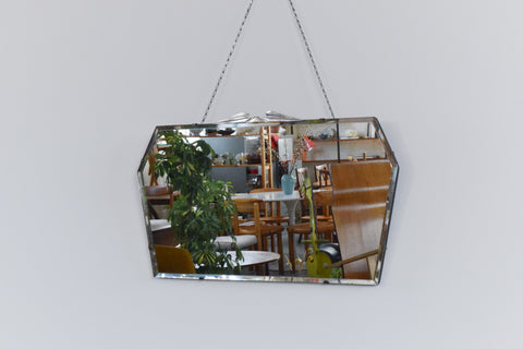 Vintage Art Deco Frameless Bevelled Wall Mirror with Chrome Decorative Finial