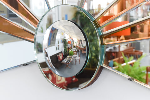 Vintage Art Deco Style Bevelled Fan Mirror with Peach / Rose Gold Panels