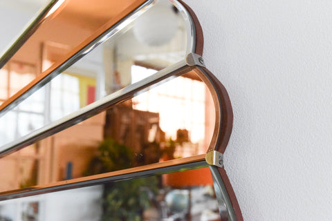 Vintage Art Deco Style Bevelled Fan Mirror with Peach / Rose Gold Panels