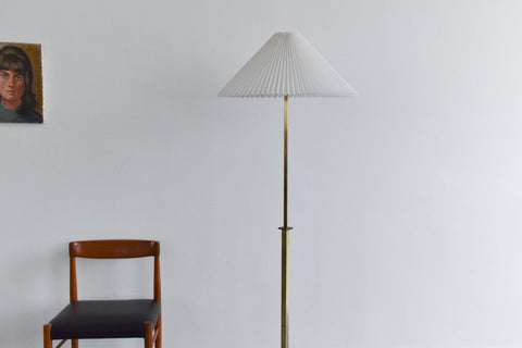 Vintage Art Deco Style Brass and Wood Floor Lamp with New Pleated White Shade