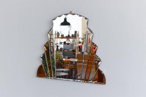 Vintage Art Deco Style Frameless Fan Overmantle Mirror with Peach Glass